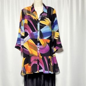 Y2K Lior Paris Donna Multi-Color Abstract Artsy 3/4 Sleeve Blouse Women's (M)